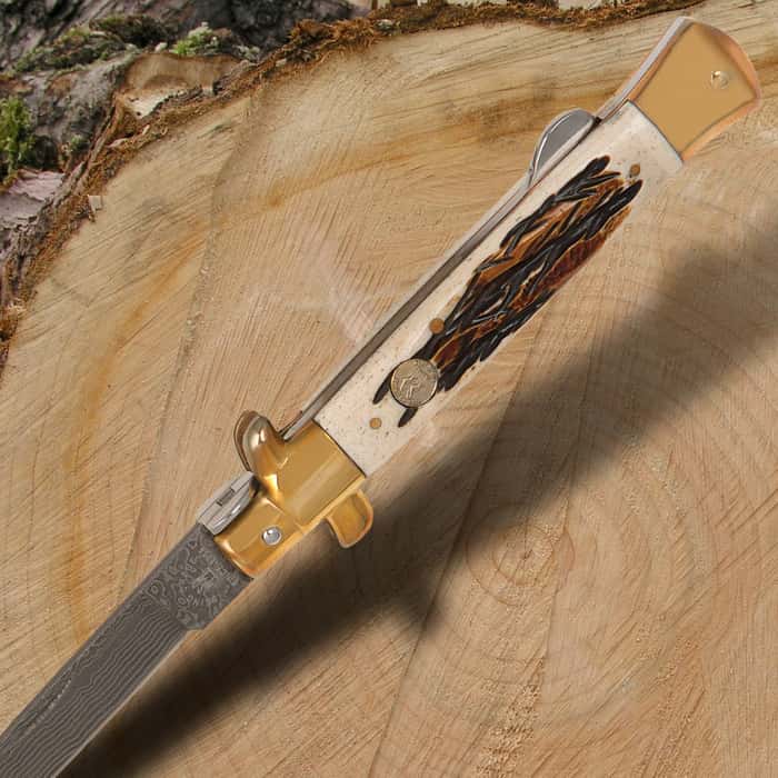 Kissing Crane Burnt Bone Stiletto Knife Damascus