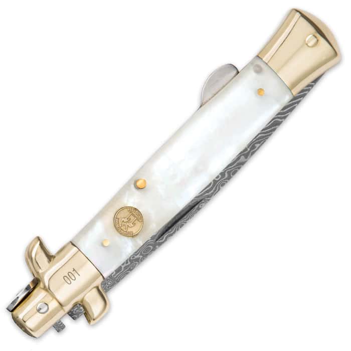 Kissing Crane Genuine Pearl Damascus Stiletto Knife