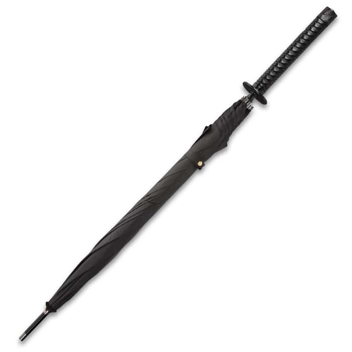 Black Umbrella Sword - Fully Functional With Hidden Stainless Steel Blade - Sword Cane With Rain, Sun Protection - Katana / Ninja Hilt - Windproof, Waterproof Nylon Canopy