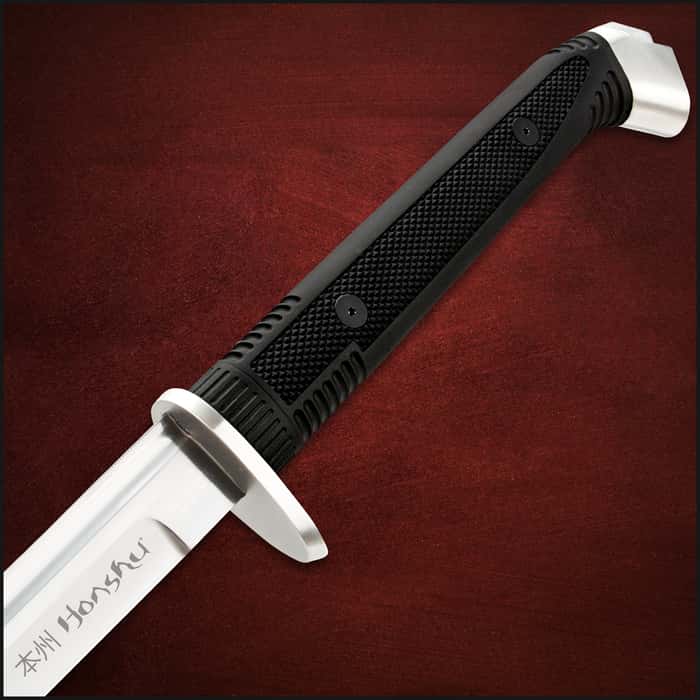 Honshu Boshin Wakizashi - Modern Tactical Samurai / Ninja Sword - Hand Forged 1060 Carbon Steel - Full Tang, Fully Functional, Battle Ready - Black TPR, Steel Guard and Pommel, Lanyard Hole - Scabbard