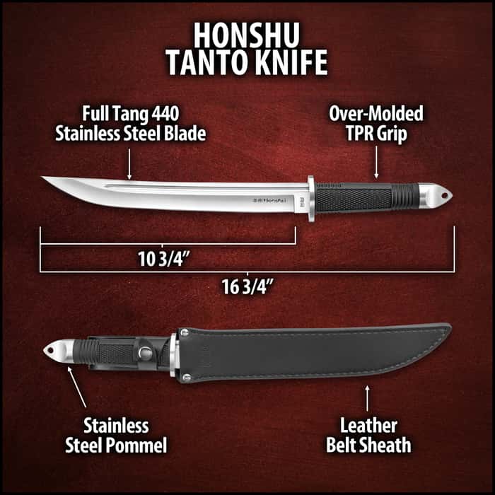 United Cutlery Honshu Tanto Knife And Leather Sheath - Stainless Steel Blade, TPR Handle, Stainless Steel Guard And Pommel