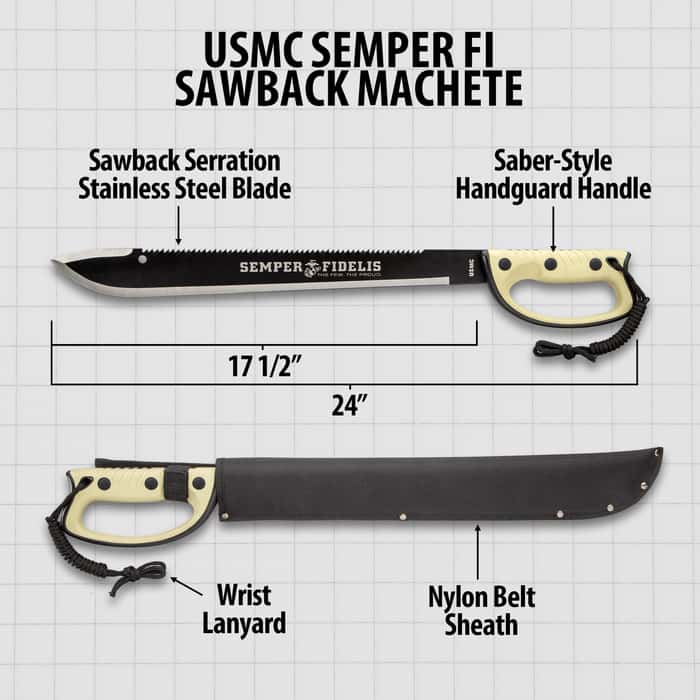 USMC Semper Fi Sawback Machete Knife With