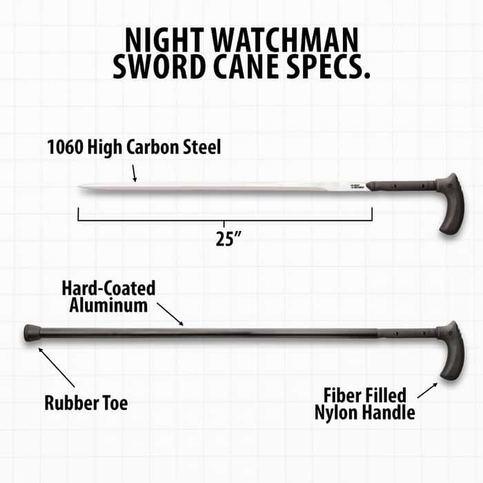 Night Watchman Heavy Duty Self-Defense Sword Cane - 1060 High Carbon Steel Blade, Aluminum Shaft, Fiber-Filled Nylon Handle - Length 37 1/2"