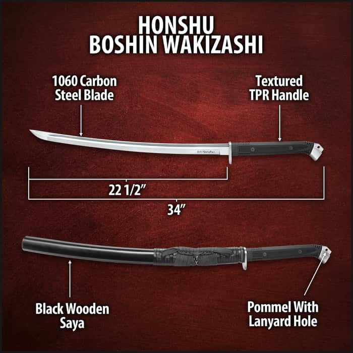 Honshu Boshin Wakizashi - Modern Tactical Samurai / Ninja Sword - Hand Forged 1060 Carbon Steel - Full Tang, Fully Functional, Battle Ready - Black TPR, Steel Guard and Pommel, Lanyard Hole - Scabbard