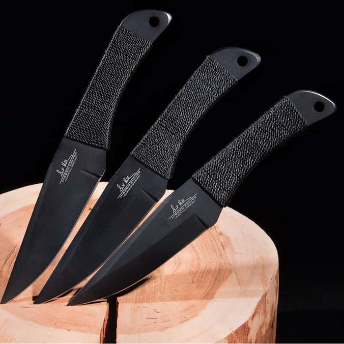 Gil Hibben Black Triple Pro Throwing Knife Set With Nylon Sheath - Solid Piece Stainless Steel, Black Oxide Coated - 8 1/2" Length