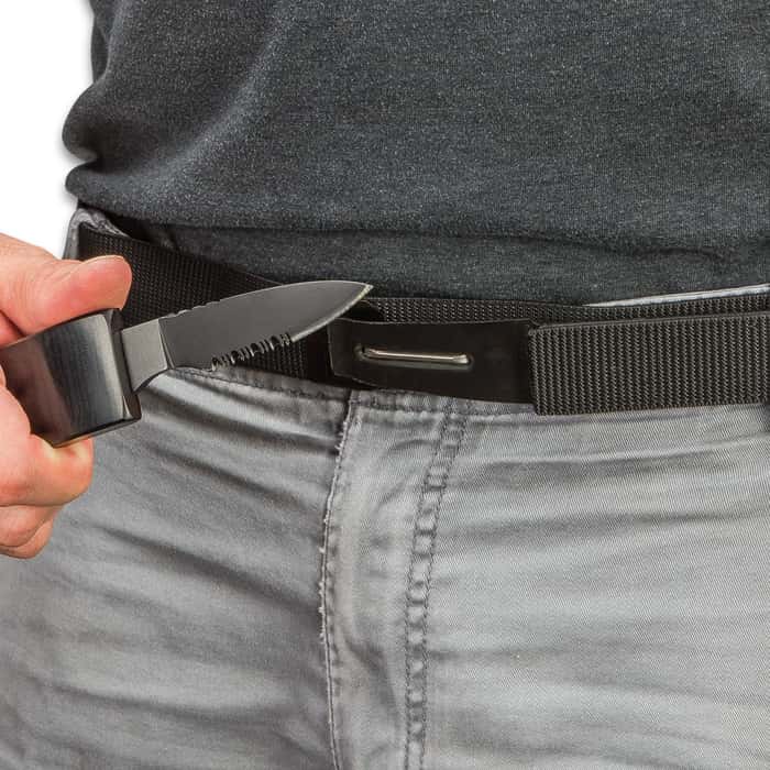 Ridge Runner Black Belt With Hidden Knife - Adjustable Canvas Belt, TPU Buckle, Black Stainless Steel Partially Serrated Blade,