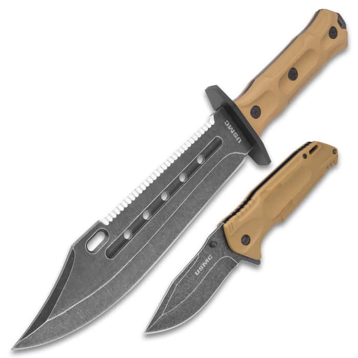 USMC Desert Pocket Knife and Bowie Knife Set w/ Sheath