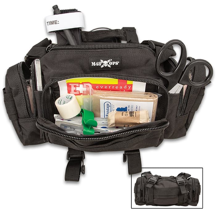 M48 OPS Black Tactical Response Kit - Daily Field First Aid Supplies, 600D Polyester Bag, Heavy Duty Zippers - Dimensions 14”x 8”x 4”