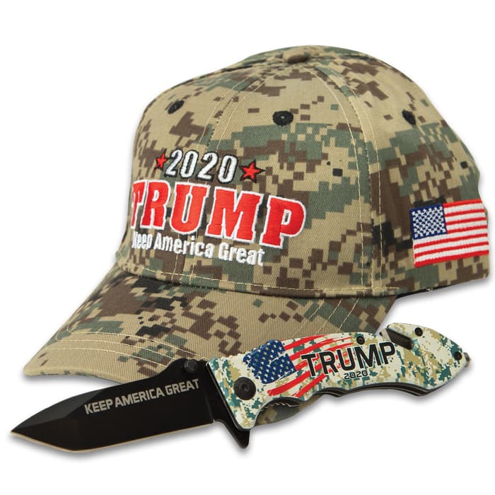 Trump 2020 Camouflage Hat And Knife Set - Baseball-Style Cap, Assisted Opening Pocket Knife, “Keep America Great” Artwork