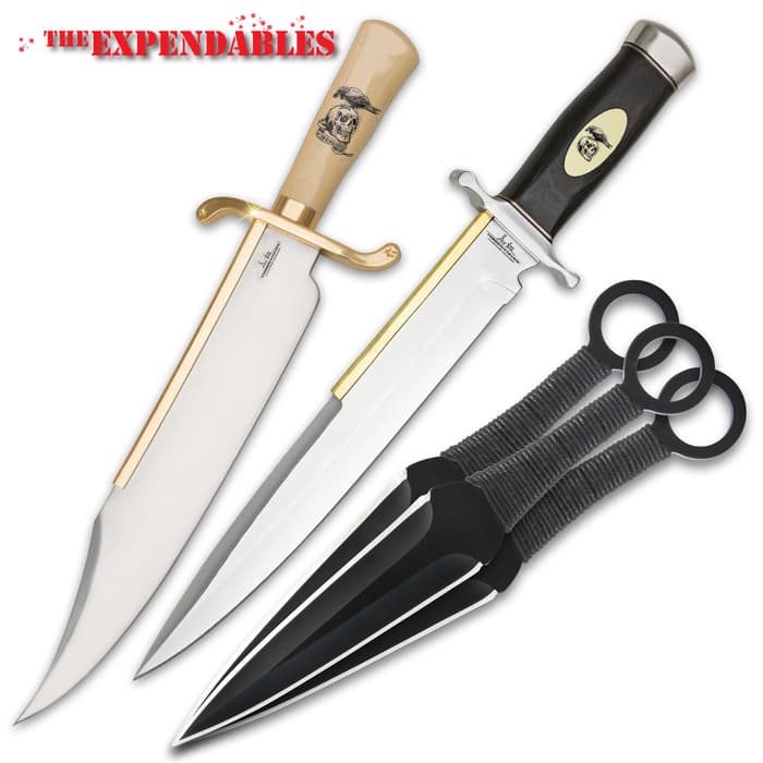 Expendables Collector’s Kit And Sheaths - Gil Hibben Bowie Knife, Arkansas Toothpick, Throwing Knife Set