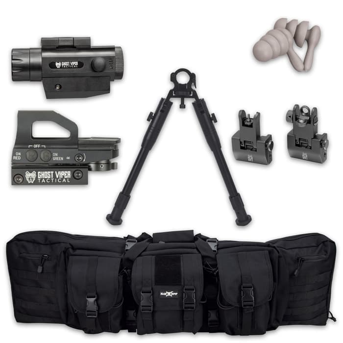 This kit provides you with a full-sized reflex sight, flip-up BUIS sights, a laser and flashlight combo and a universal clamp bi-pod