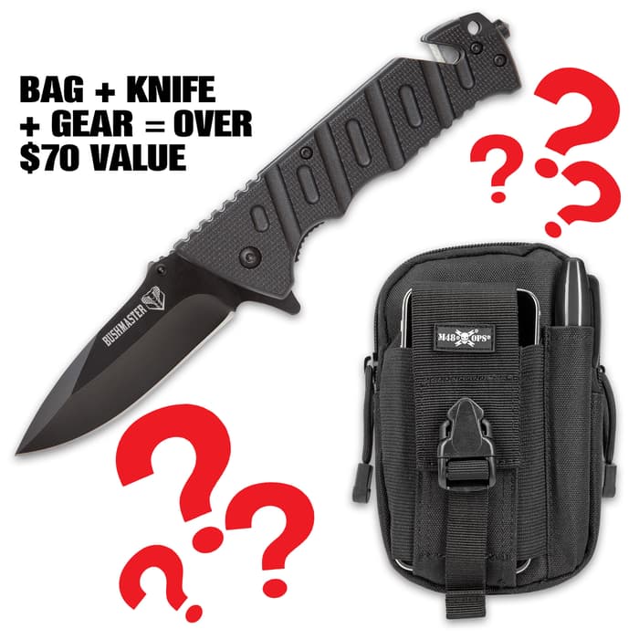 EDC Survival Mystery Kit - Includes Variety Of EDC Gear, M48 Waist Bag, Bushmaster Tactical Pocket Knife