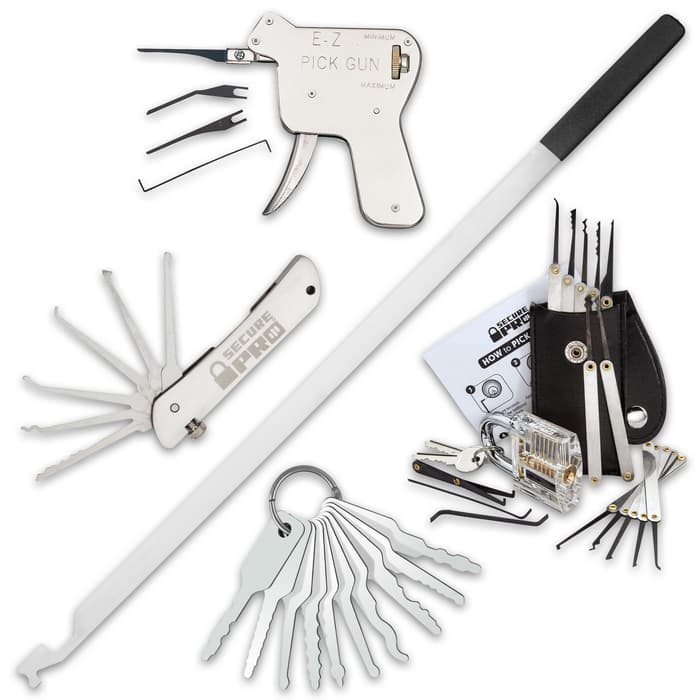 Included in the kit is the Secure Pro Padlock and Folding Lock Pick Set, the Secure Pro Practice Padlock and 15-Piece Lock Pick Set