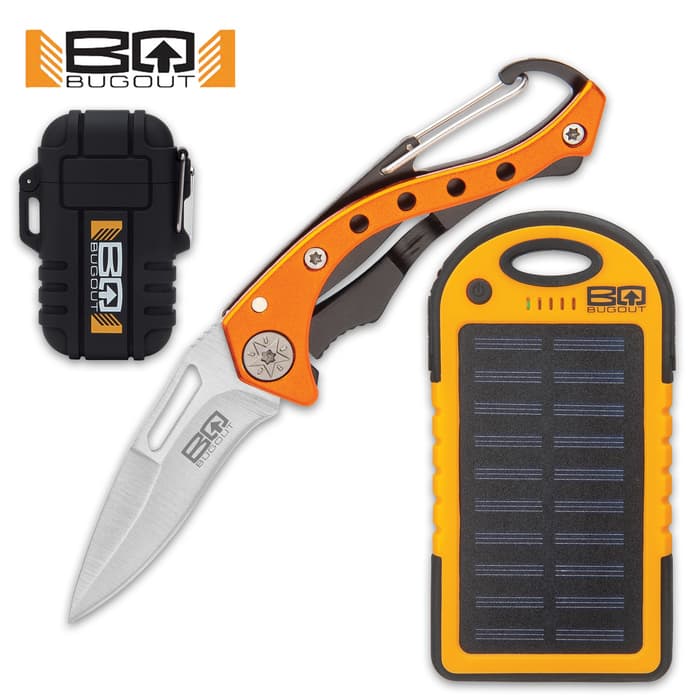 BugOut Everyday Carry Kit - Includes Carabiner Pocket Knife, Solar Charger And Power Bank, Rechargeable Arc Lighter