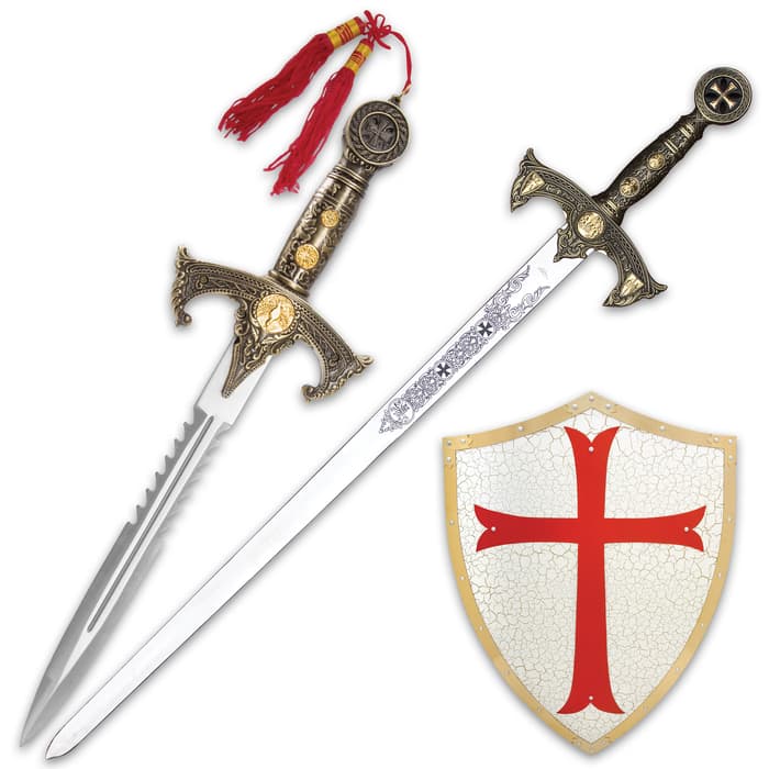 A collection of Crusader pieces that are impressive display items, are perfect as cosplay accessories and are great for dramatic productions