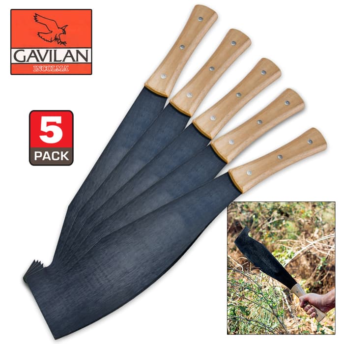 Gavilan Colombian Cane Hook Machete Five-Pack - 1074 High Carbon Steel Blade, Hardwood Handle - Length 21”