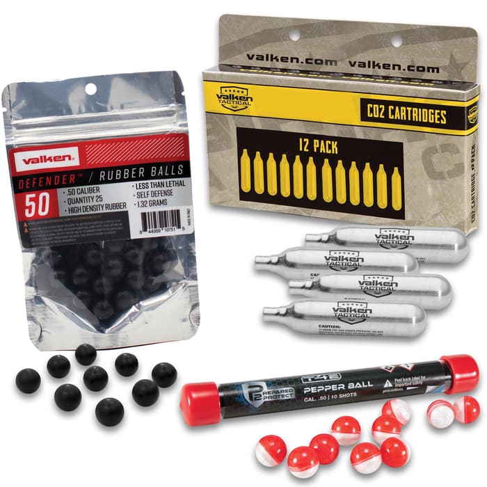 The 50 Caliber Airgun Home Defender Kit includes non-lethal ammo and CO2 cartridges