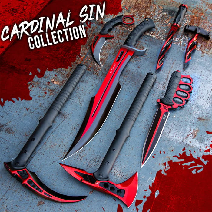 All of the pieces of the Cardinal Sin Blade Collection