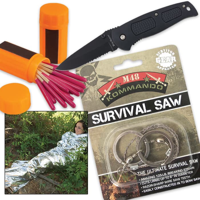 Minimalist Survival Kit with Matches, Knife, Shelter & Saw