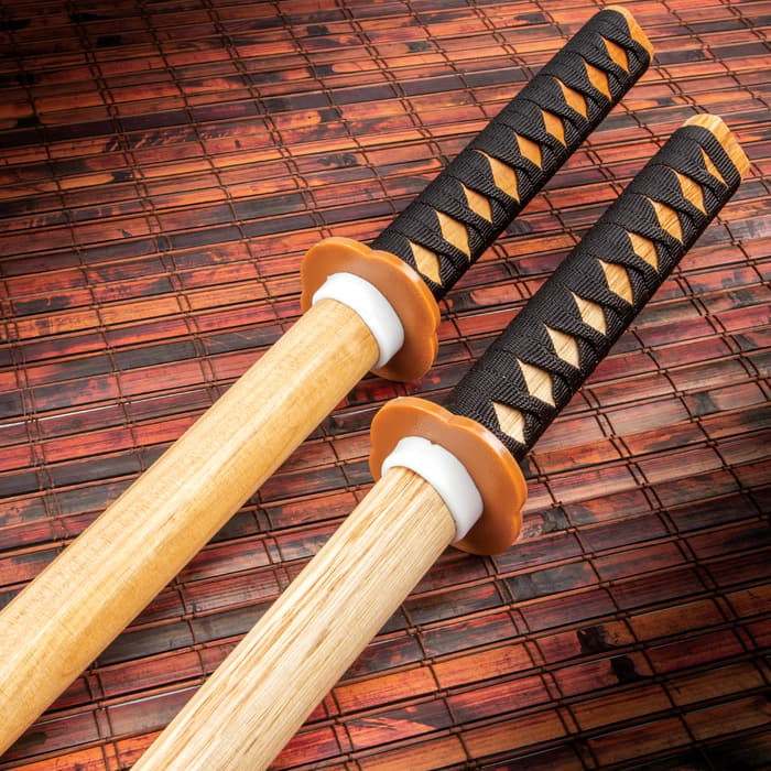 Natural Wood Daito Bokken Katanas - Two For One, Sturdy Wooden Construction, Nylon Cord-Wrapped Handle - Length 40”