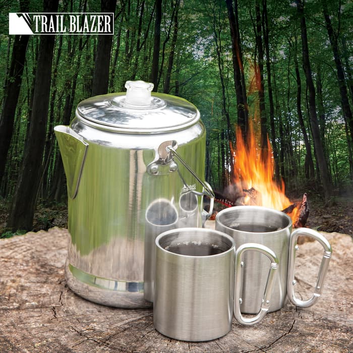 Coffee Percolator And Mugs Kit - Perfect For Camping, Sturdy Construction, Rust-Resistant 