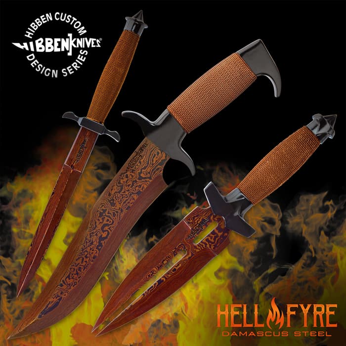 Hibben HellFyre Knife Collection - Damascus Steel Blades, Wire-Wrapped Handles, Black Metal Guards, Leather Belt Sheaths