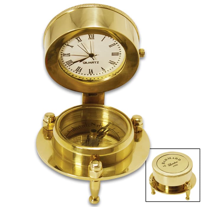 Antique Replica Desk Compass And Clock With Stand - Solid Brass Construction, High-Polish Finish - Dimensions 1 9/10”x 2 3/10”