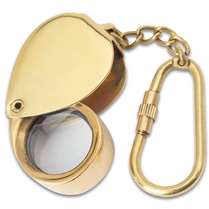 Pocket Map Magnifier - High-Quality Polished Brass And Glass Construction, Carabiner On Chain - Dimensions 1 1/2”x 1”