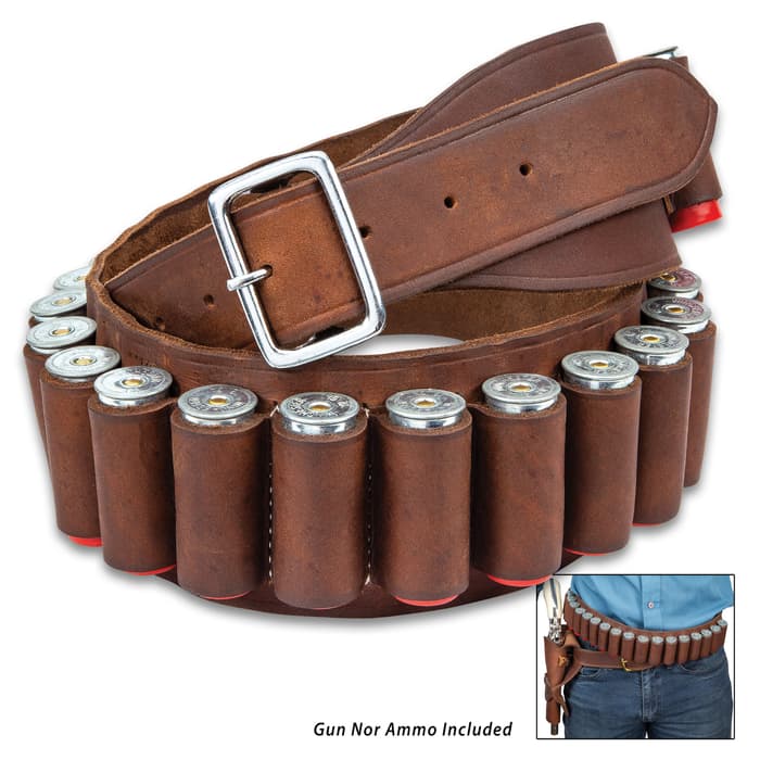 24-Shell Shotgun Ammo Belt - Premium Leather Construction, Metal Buckle, Individual Loops, White Top-Stitching