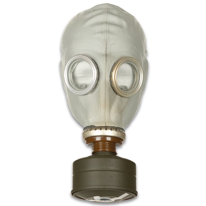 This Russian GP-5 Gas Mask was intended for Cold War civilian use and helps to protect the face, eyes and respiratory system against chemicals and radioactive and biological warfare agents