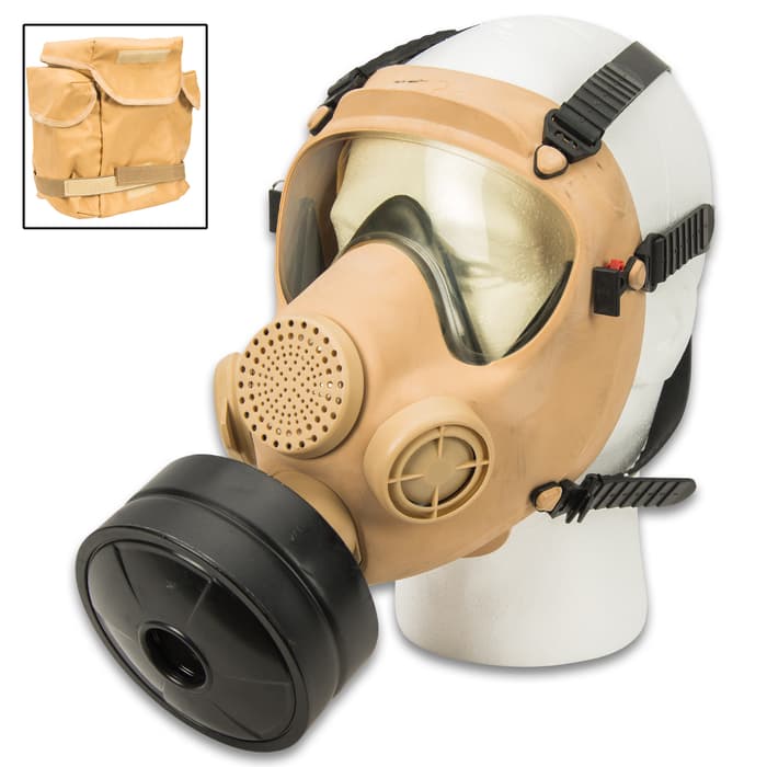 Polish Tan MP5 Gas Mask With Filter - Like New, Military Surplus, Protective Eye Lens, Transport Bag