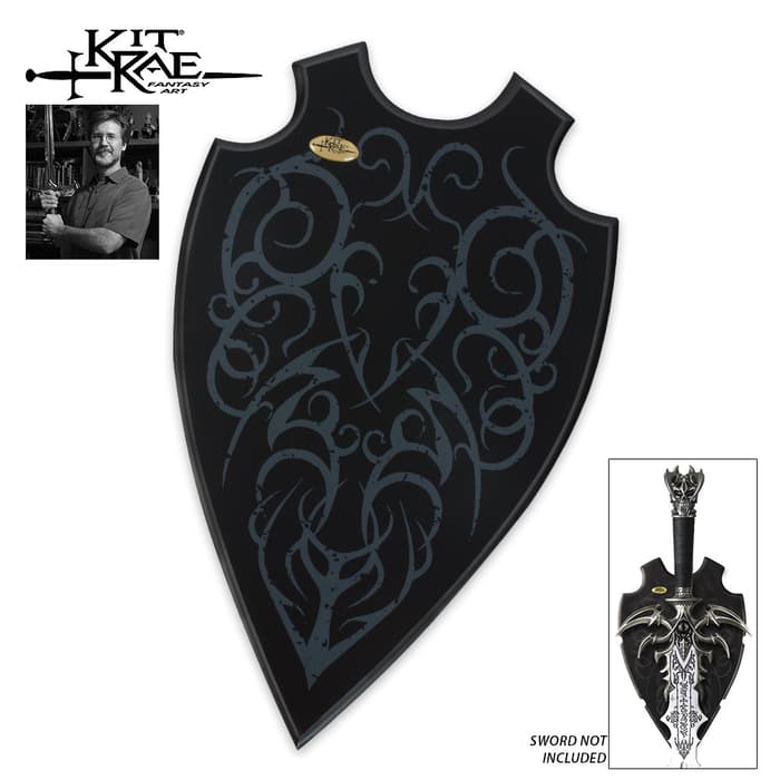 Kit Rae universal sword plaque with screen printed tribal designs shown both with and without sword.
