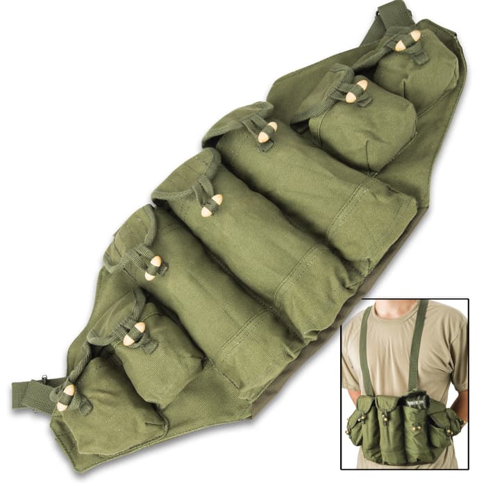 The military surplus, like new condition bandolier makes a great addition to your tactical, hunting or shooting range gear