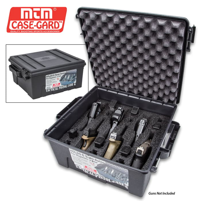 MTM Tactical Pistol Handgun Case - Six Guns, O-Ring Seal, Foam Lined, Triple Tabbed, Flexible Storage Area