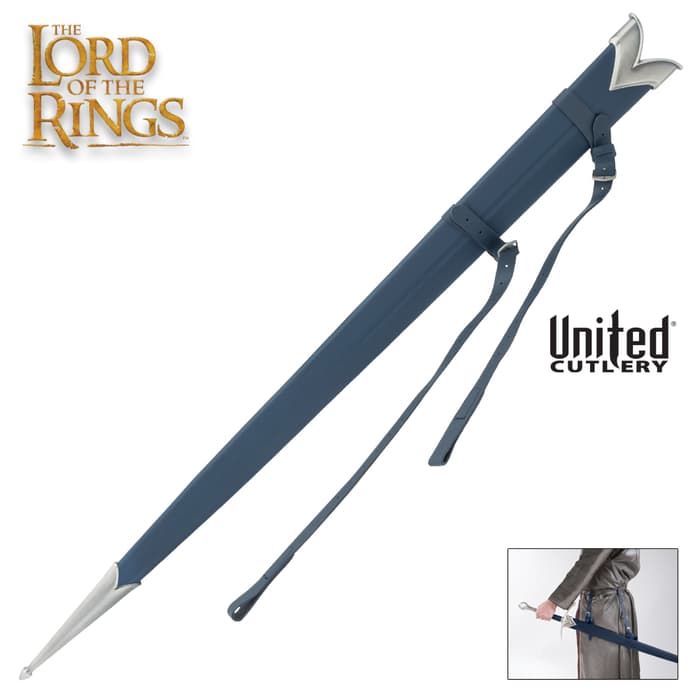 United Cutlery Brands Lord of the Rings black glamdring scabbard featuring leather straps and metal tip; also shown attached to belt by leather straps with sword inside. 