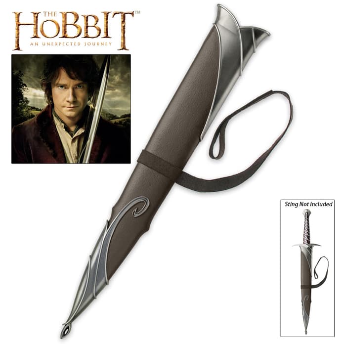 Scabbard for The Hobbit film’s Sting sword shown in full with leather wrapping and metal fittings. 