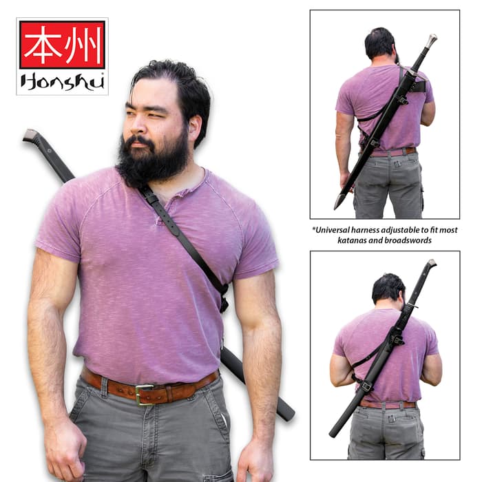 Honshu Over-The-Shoulder Scabbard Harness - Leather Construction, Metal Buckles, Adjustable - Length 15 3/4”