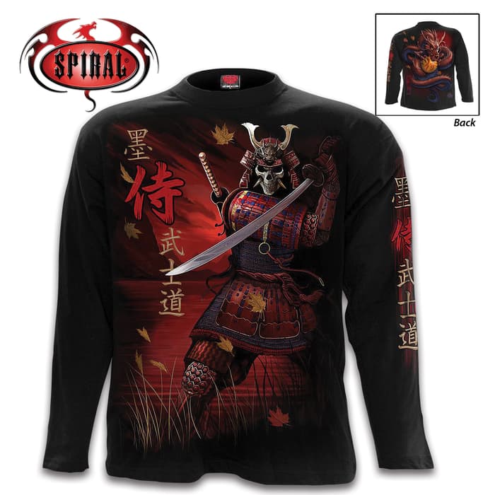 Red Samurai Black Long-Sleeve T-Shirt - Original Artwork, Front And Back, Jersey Material, Skin Friendly Dyes