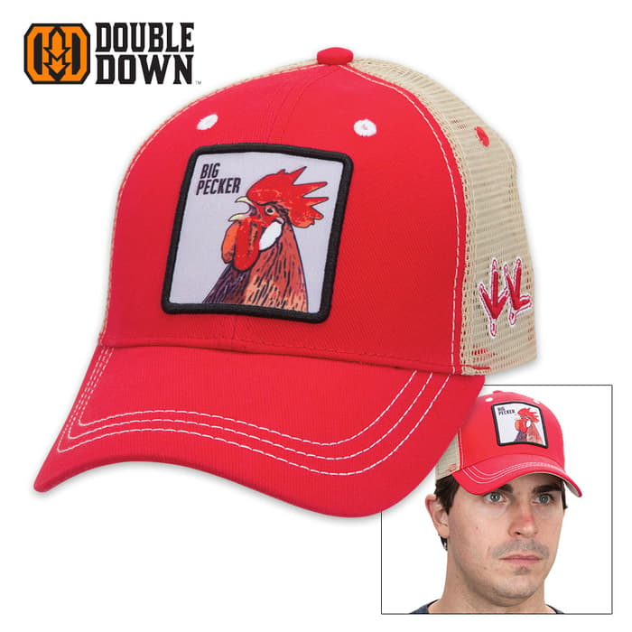Double Down Big Pecker Trucker Cap - Red Heavy Brushed Twill with Tan Mesh