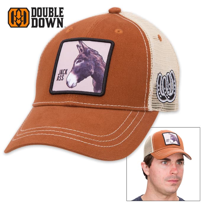 Double Down Jackass Trucker Cap - Dark Brown Brushed Twill and Tan Polyester Mesh