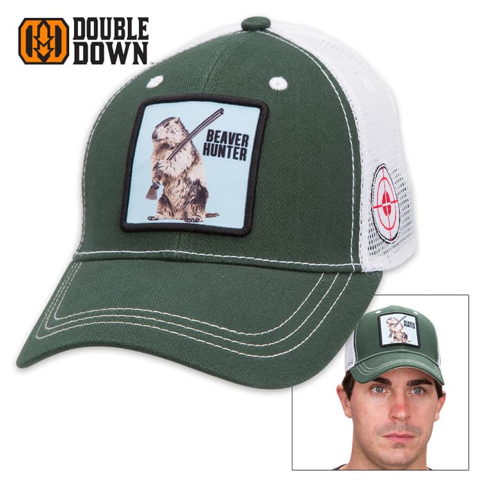 Double Down Beaver Hunter Trucker Cap - Dark Green Brushed Twill and Polyester Mesh