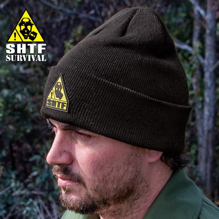SHTF Black Beanie With Logo - 100 Percent Soft Polyester Construction, Classic Style, TPR Patch, One Size Fits Most