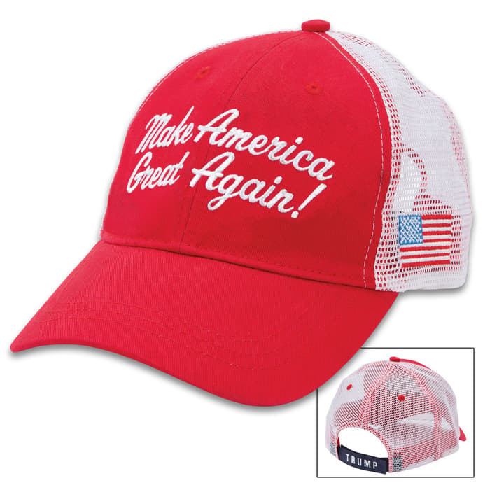 Red Trump Make America Great Hat - Trucker Style Cap, Cotton Twill Construction, Polyester Mesh Back, Velcro Back Strap
