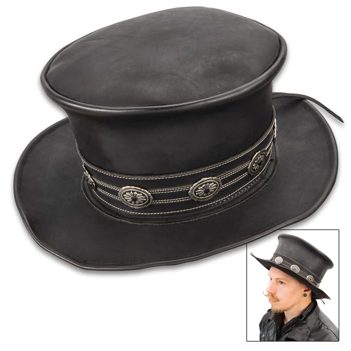 Hard Rockin Black Leather Top Hat - Genuine Leather, Removable Hatband, Metal Medallion Accents - Diameter 13”