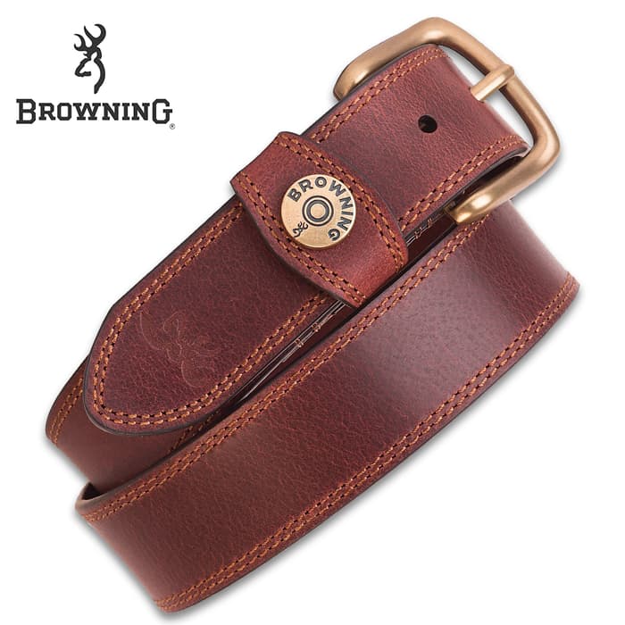 Browning Men’s Leather Slug Belt - Brown, Genuine Leather, Contrast Stitching, Shotshell Detail, Metal Alloy Buckle, 1 1/2” Width