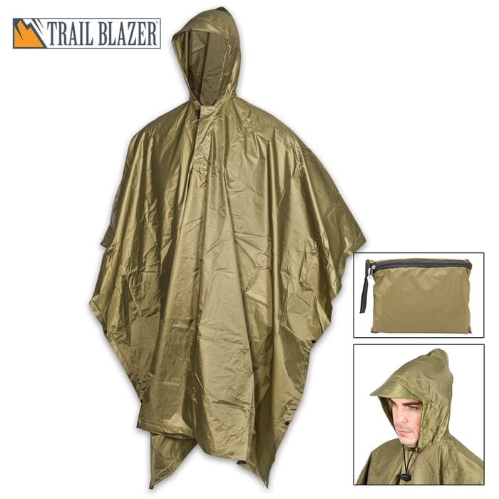 Olive Green Poncho With Built-In Hood - Military Grade, Unisex - Waterproof, Grommeted Corners - 90 1/2”x56 3/4”
