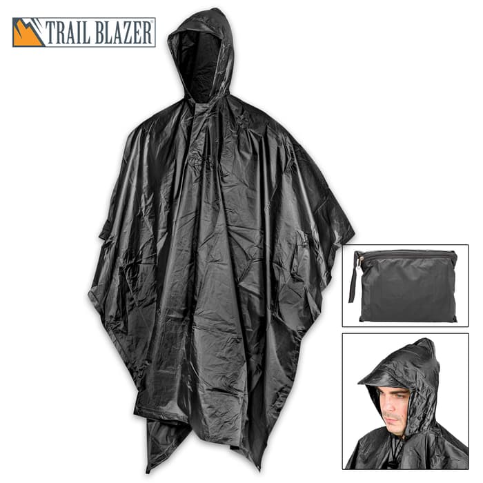 Black Poncho With Built-In Hood - Military Grade, Unisex - Waterproof, Grommeted Corners - 90 1/2”x56 3/4”