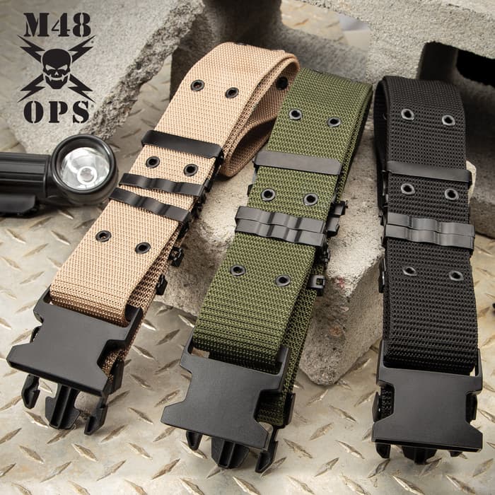 M48 Tactical Gear Belt - Nylon Webbing Construction, ABS Quick-Release Buckle, Metal Grommets and Brackets - Length 40 1/2”