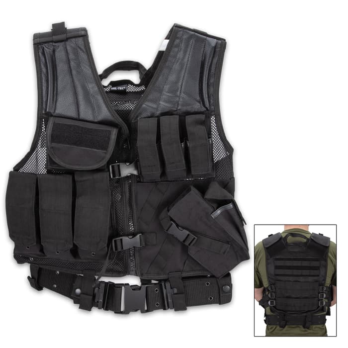 Mil-Tec USMC Black Combat Vest - Adjustable Construction, Polyester Mesh, Drag Handle, Nylon Straps
