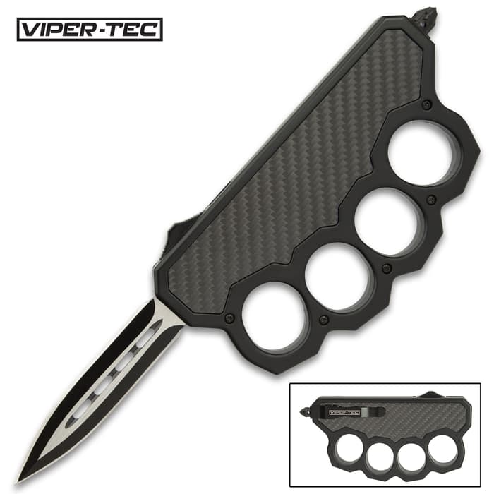 Viper-Tec Knuckle OTF Pocket Knife has a metal alloy knuckle handle with carbon fiber inlay and stainless steel blade.